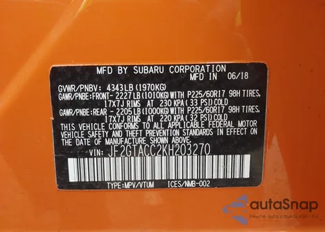 2019 Subaru Crosstrek 2.0I Premium z USA, uszkodzony, nr VIN JF2GTACC2KH203270